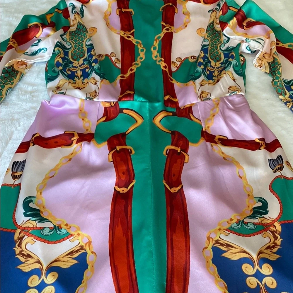 NWOT HER BOTTARI Vibrant Patterned Button-Up Shirt Dress Scarf Print Size L - Picture 14 of 16